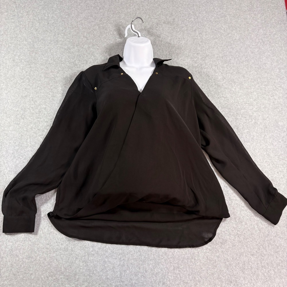 Michael Michael Kors Black Draped Surplice Blouse Gold Studs Size 12
